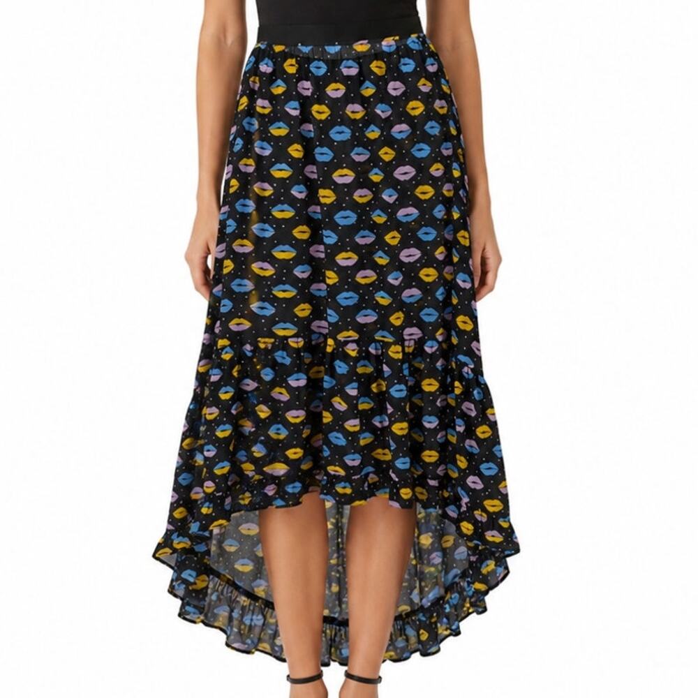 SUI by Anna Sui Black Lip Print Asymmetrical High Low Midi Skirt Womens L